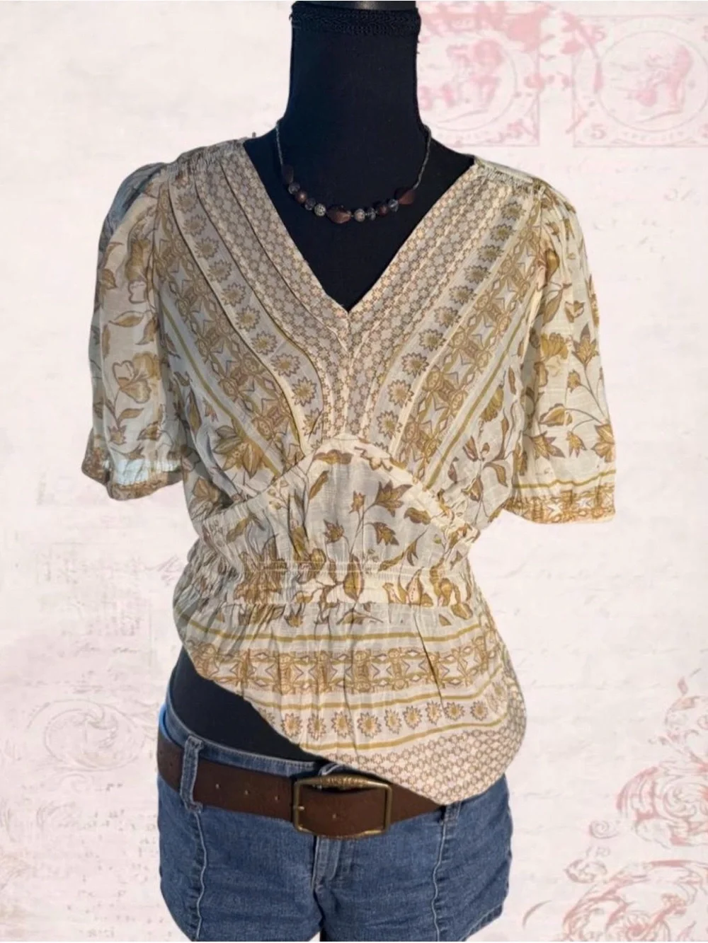 Rose & Olive Cream and Gold Floral V-Neck Peasant Blouse